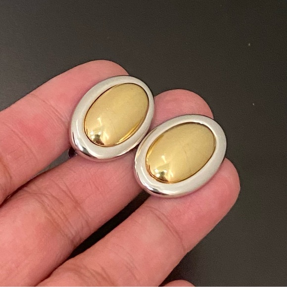 Vintage NAPIER 2-tone High Polished Metal Oval Cabochon Modernist Earrings 12g. - Picture 10 of 14
